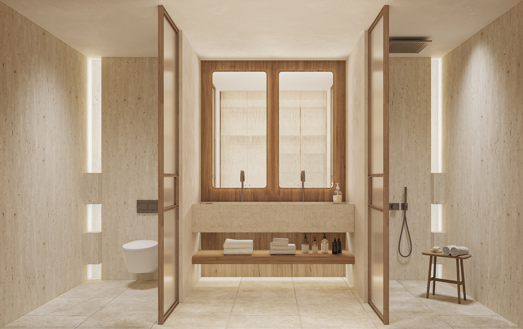 A serene bathroom designed with natural materials and soft lighting.